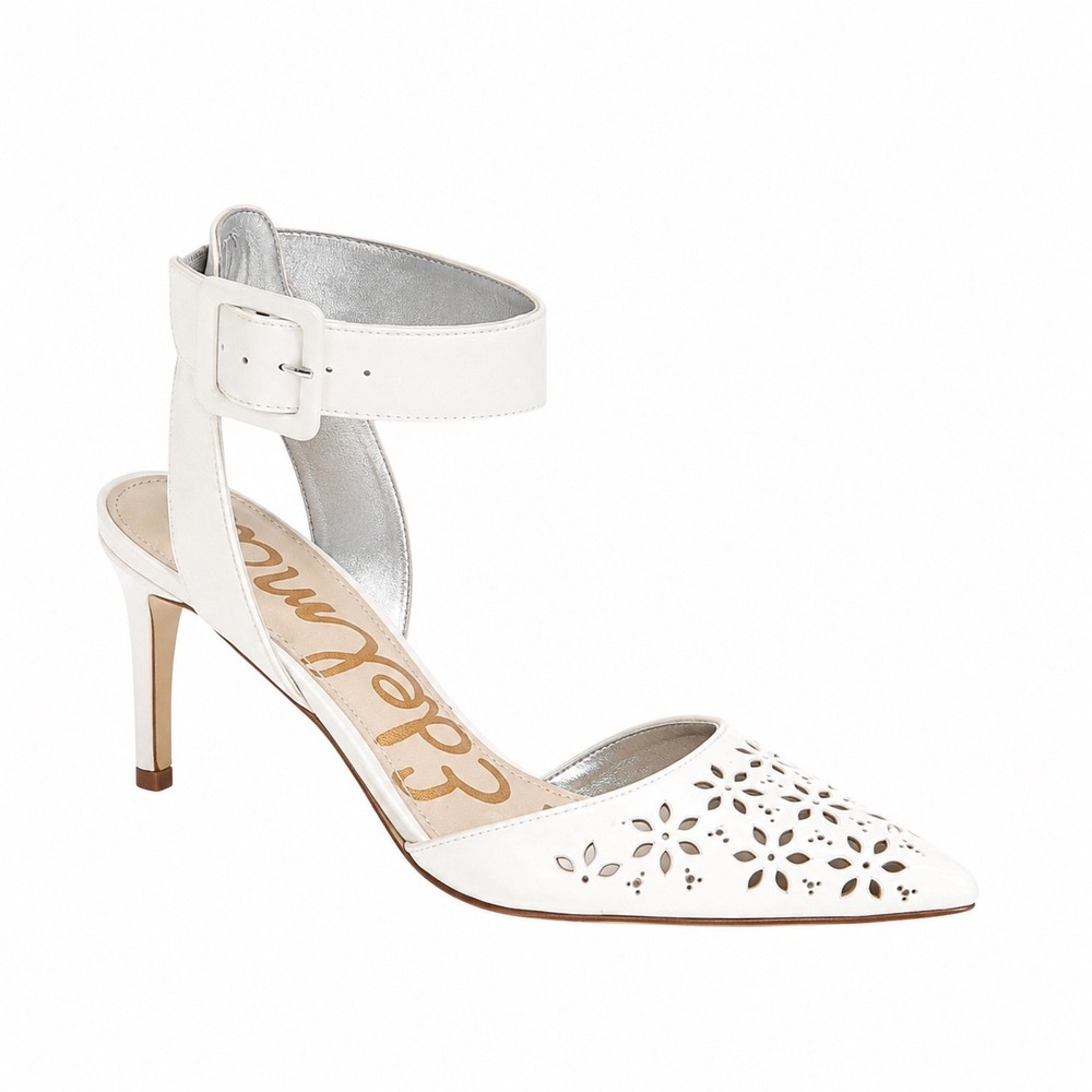 Sam Edelman Odynna Laser-Cut D'Orsay Pumps White Pointed Toe Ankle Strap 8.5
